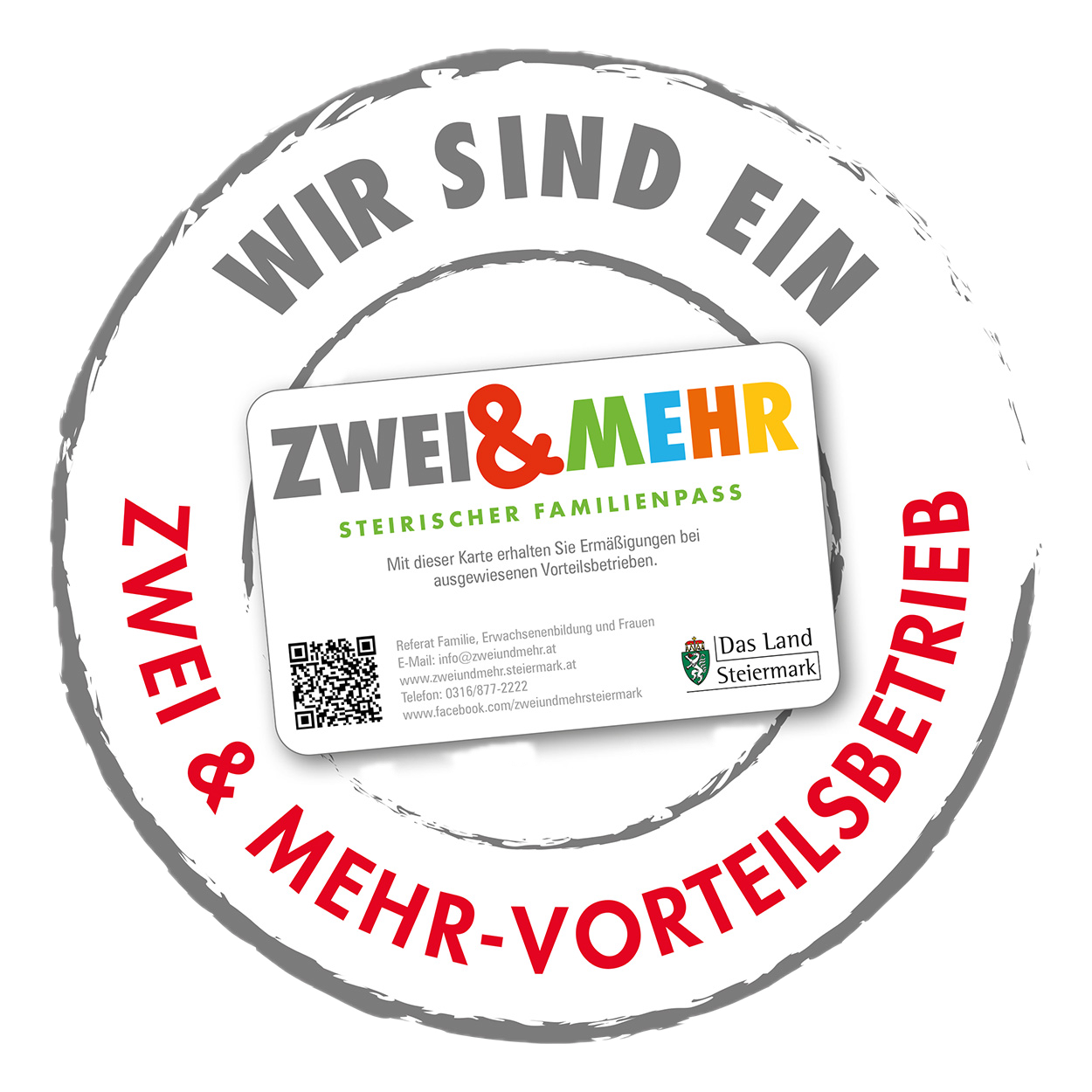Hintergrund von „ButtonWIR“ entfernt Logo Zwei &Amp; Mehr – Steirischer Familienpass: Runde Plakette Mit Der Aufschrift ‚Wir Sind Ein Zwei &Amp; MehrVorteilsbetrieb‘ Und Einer FamilienpassKarte Des Landes Steiermark In Der Mitte.